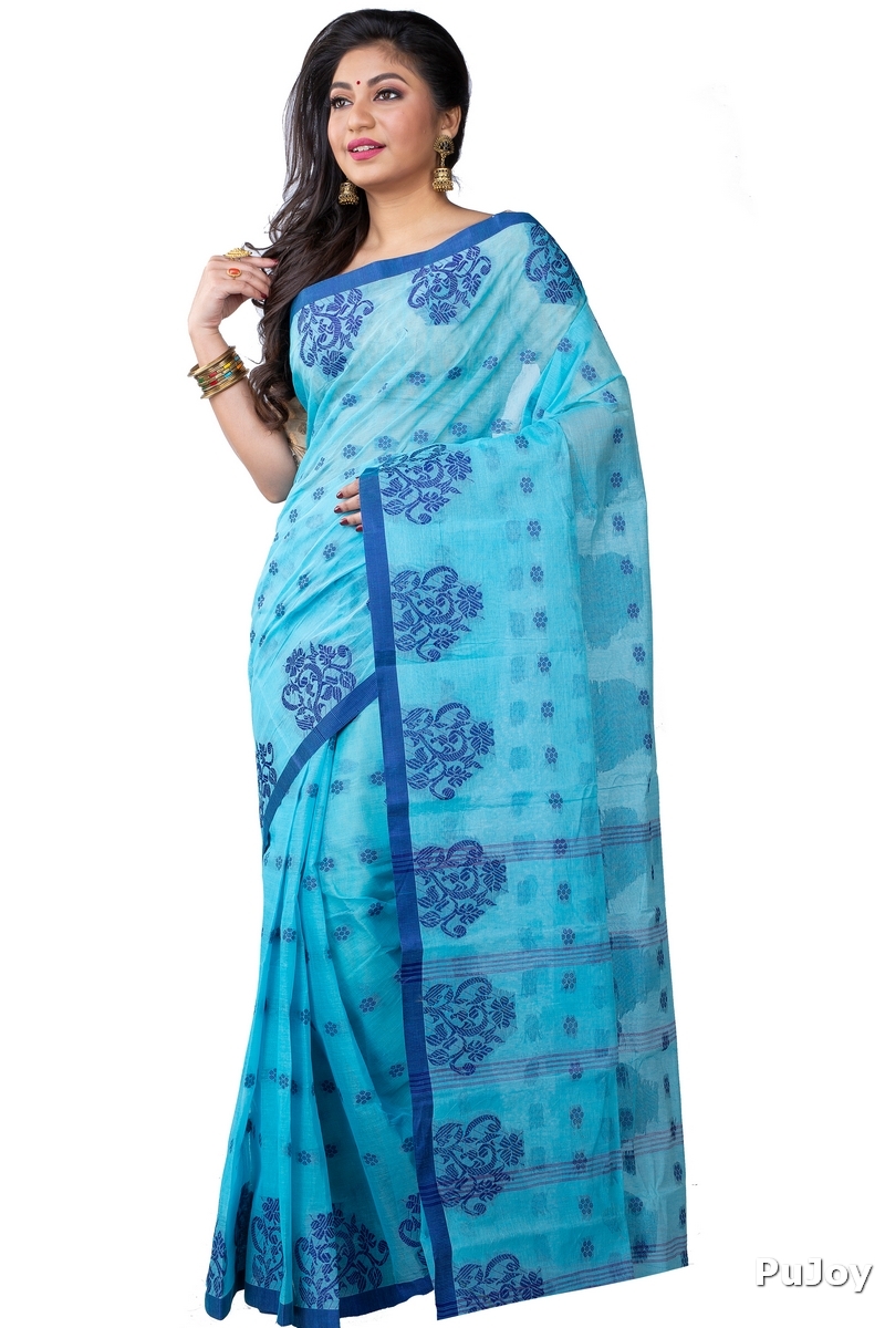 Sky Blue Pure Cotton Botgach Tant Saree (542)