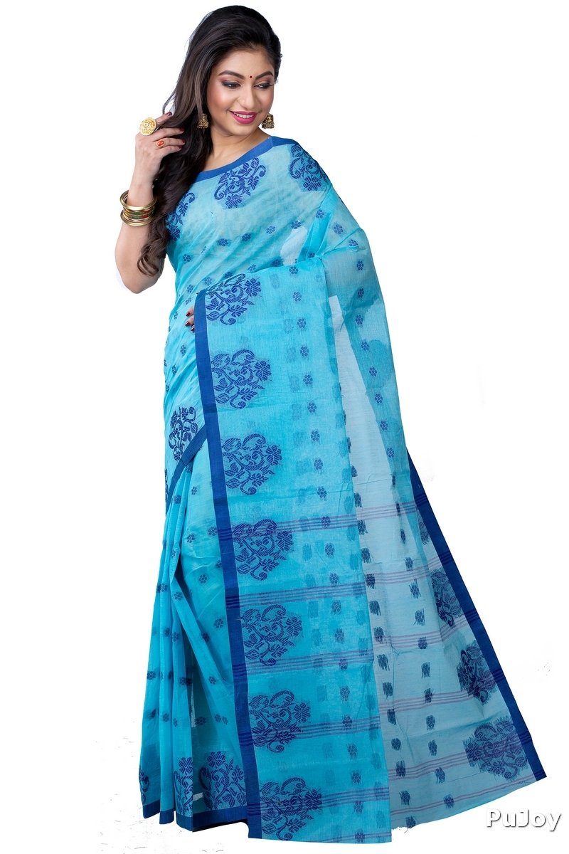 Sky Blue Pure Cotton Botgach Tant Saree (542)