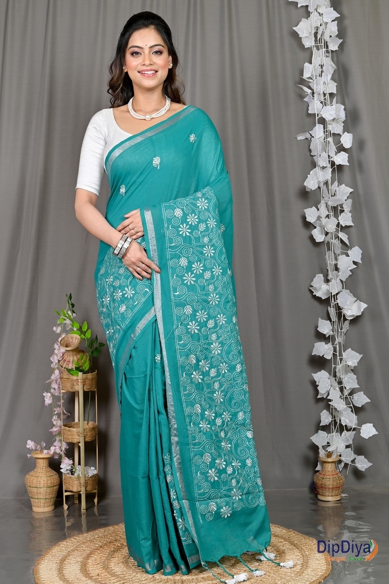Green Cotton Blended Paru Hand Loom Saree (545)