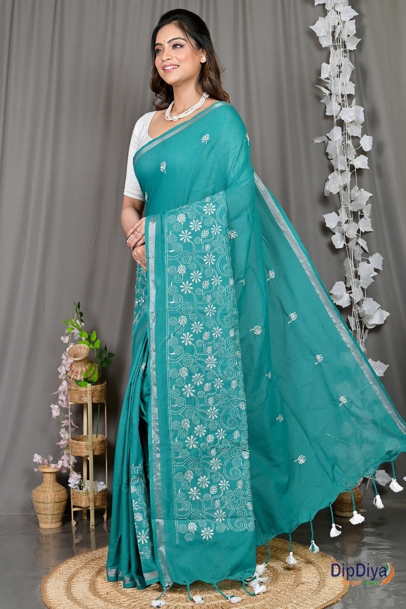 Green Cotton Blended Paru Hand Loom Saree (545)