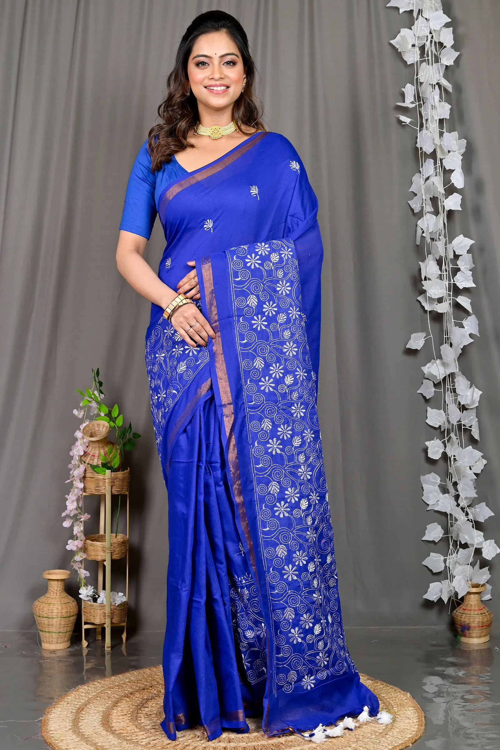Blue Cotton Blended Paru Hand Loom Saree (546)