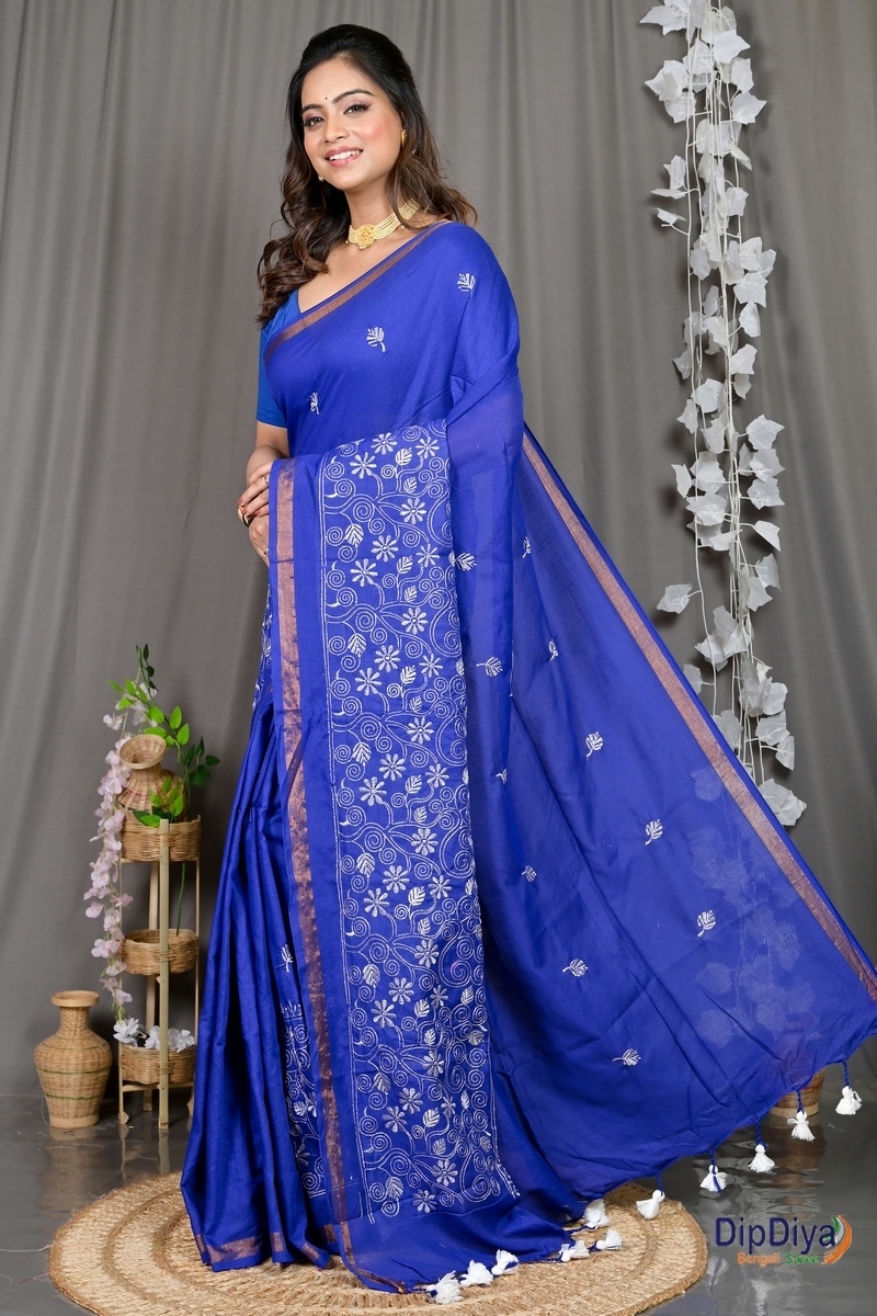 Blue Cotton Blended Paru Hand Loom Saree (546)