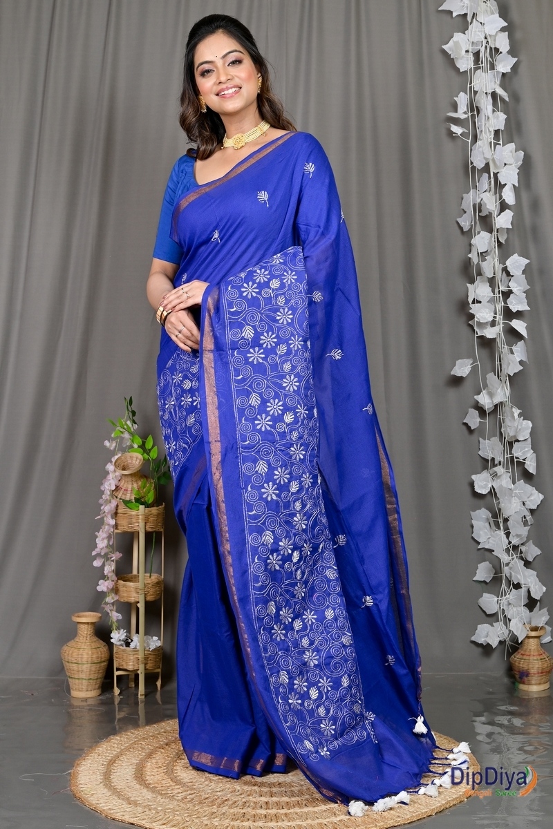 Blue Cotton Blended Paru Hand Loom Saree (546)