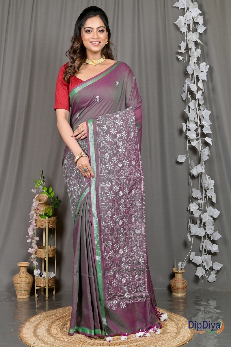 Smoke Grey Cotton Blended Paru Hand Loom Saree (547)