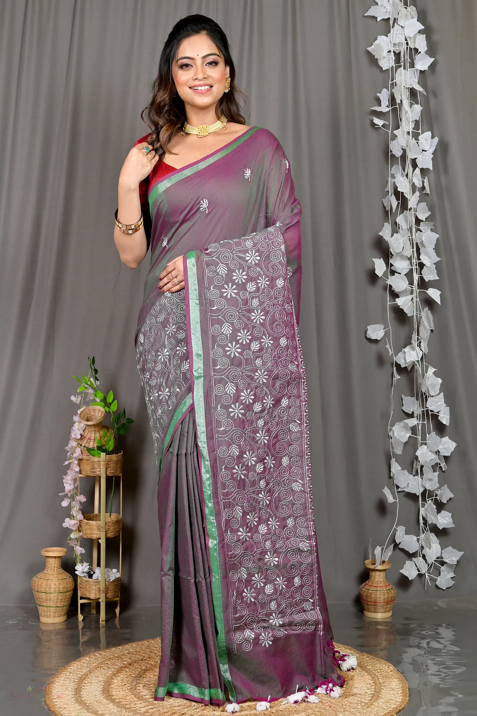 Smoke Grey Cotton Blended Paru Hand Loom Saree (547)
