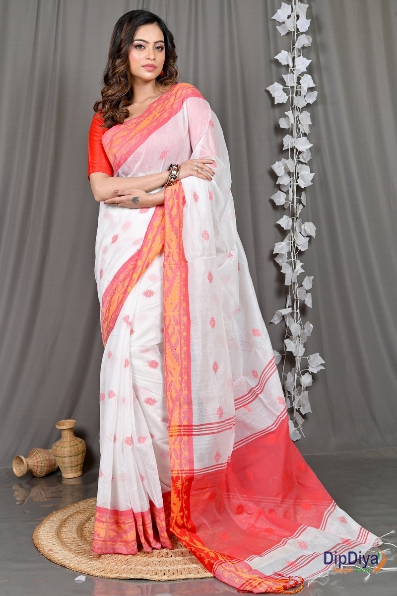 White Red Cotton Blended Parul Hand Loom Saree (548)