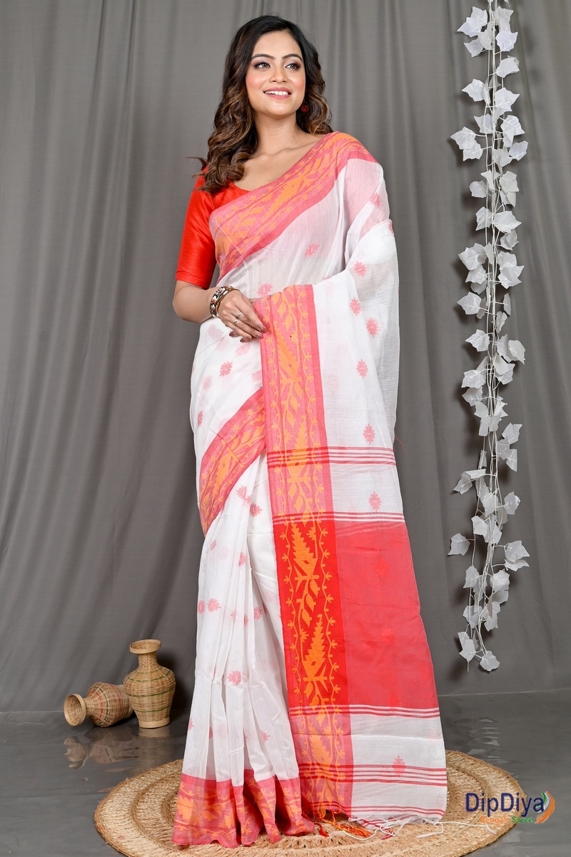 White Red Cotton Blended Parul Hand Loom Saree (548)