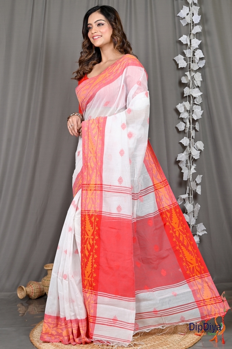 White Red Cotton Blended Parul Hand Loom Saree (548)