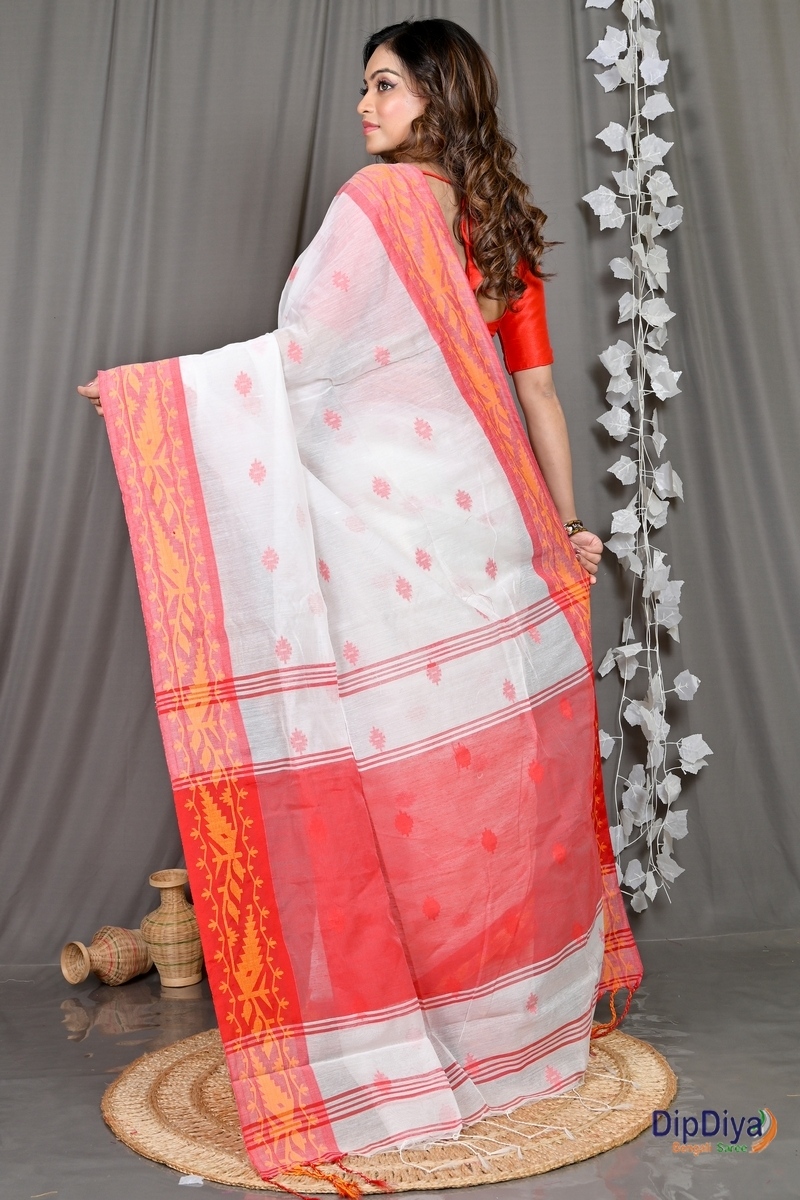 White Red Cotton Blended Parul Hand Loom Saree (548)