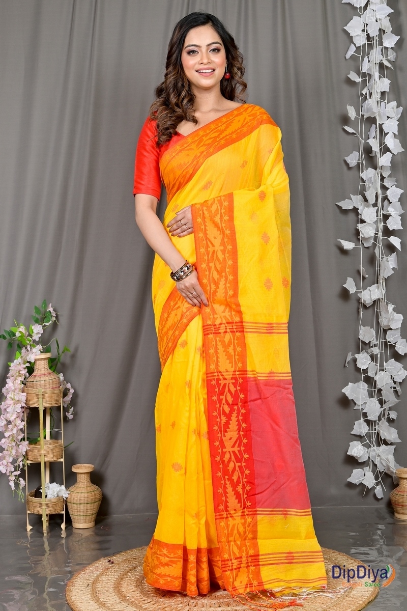 Yellow Red Cotton Blended Parul Hand Loom Saree (550)