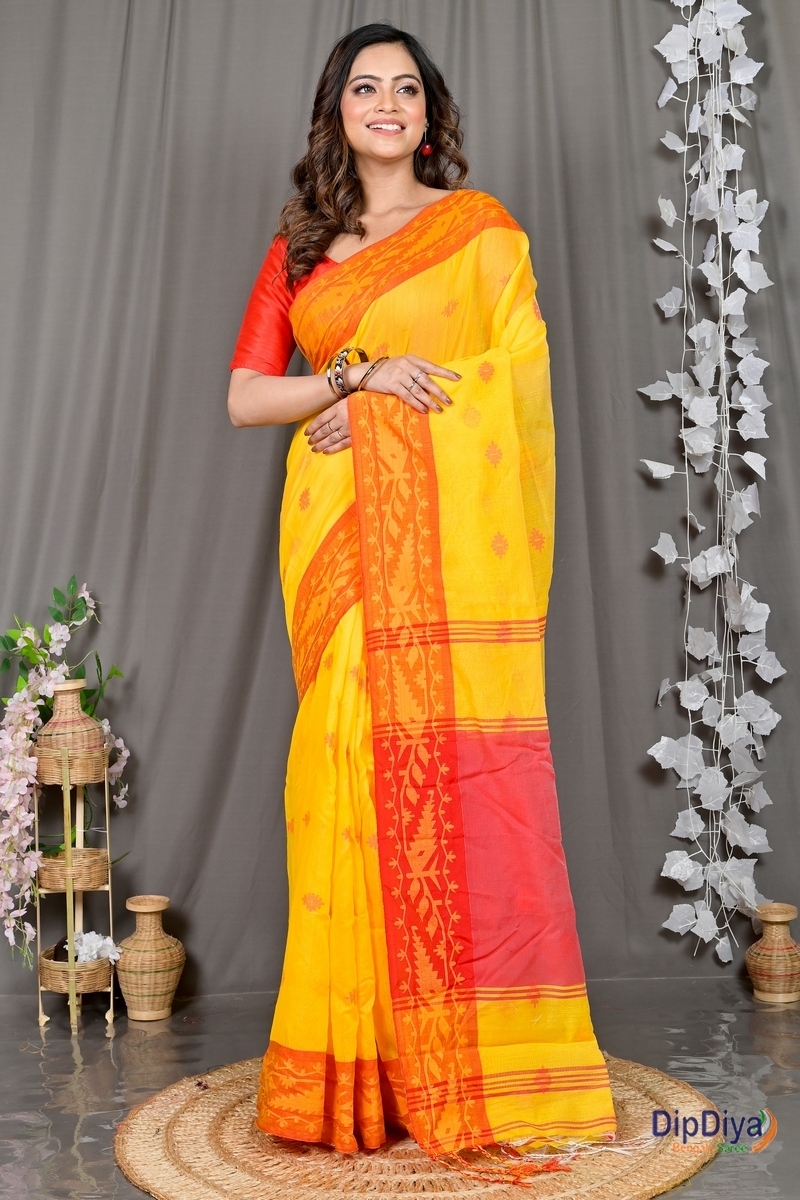 Yellow Red Cotton Blended Parul Hand Loom Saree (550)