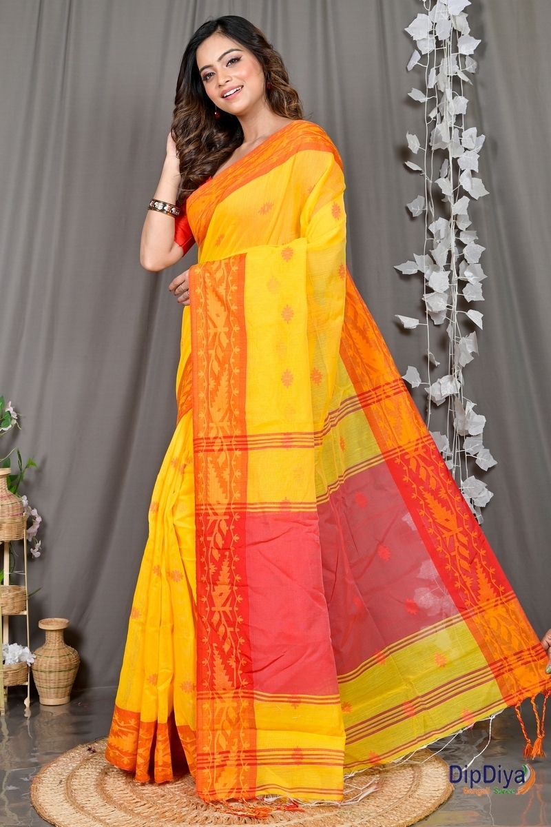 Yellow Red Cotton Blended Parul Hand Loom Saree (550)