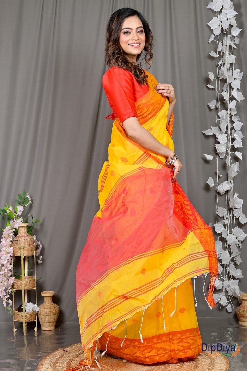 Yellow Red Cotton Blended Parul Hand Loom Saree (550)
