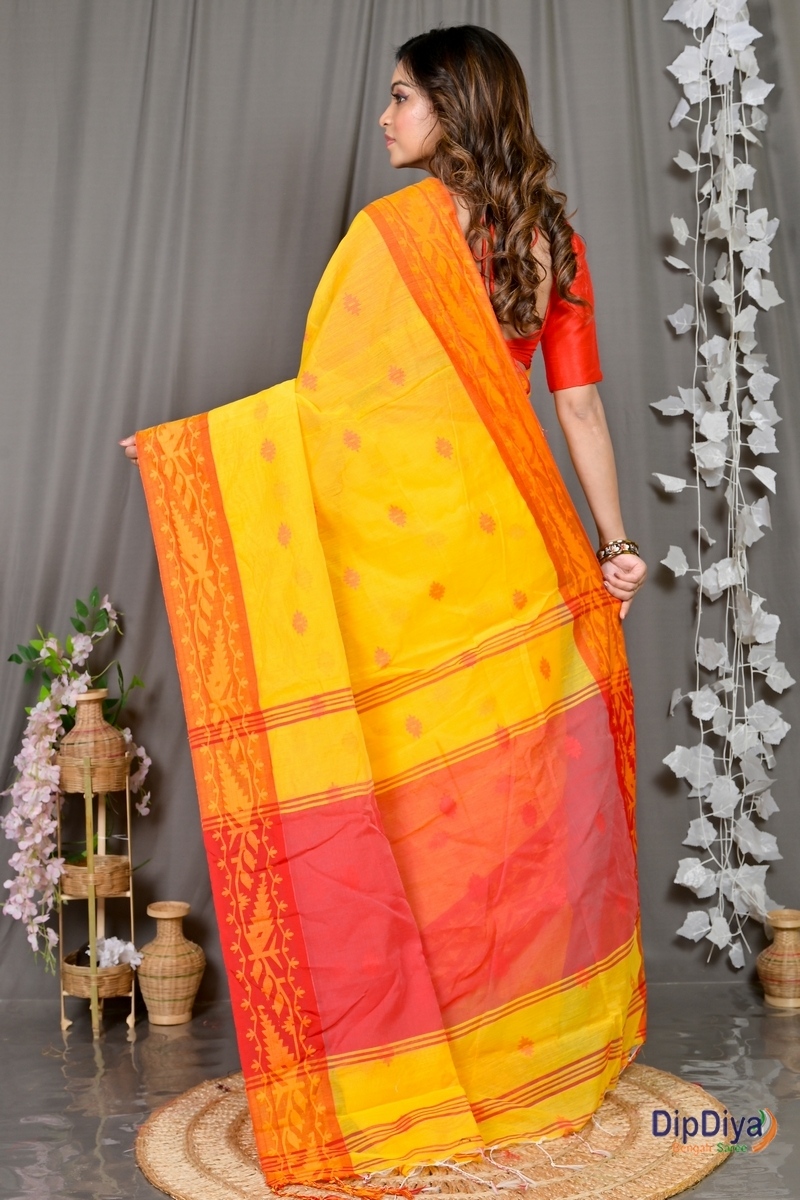 Yellow Red Cotton Blended Parul Hand Loom Saree (550)