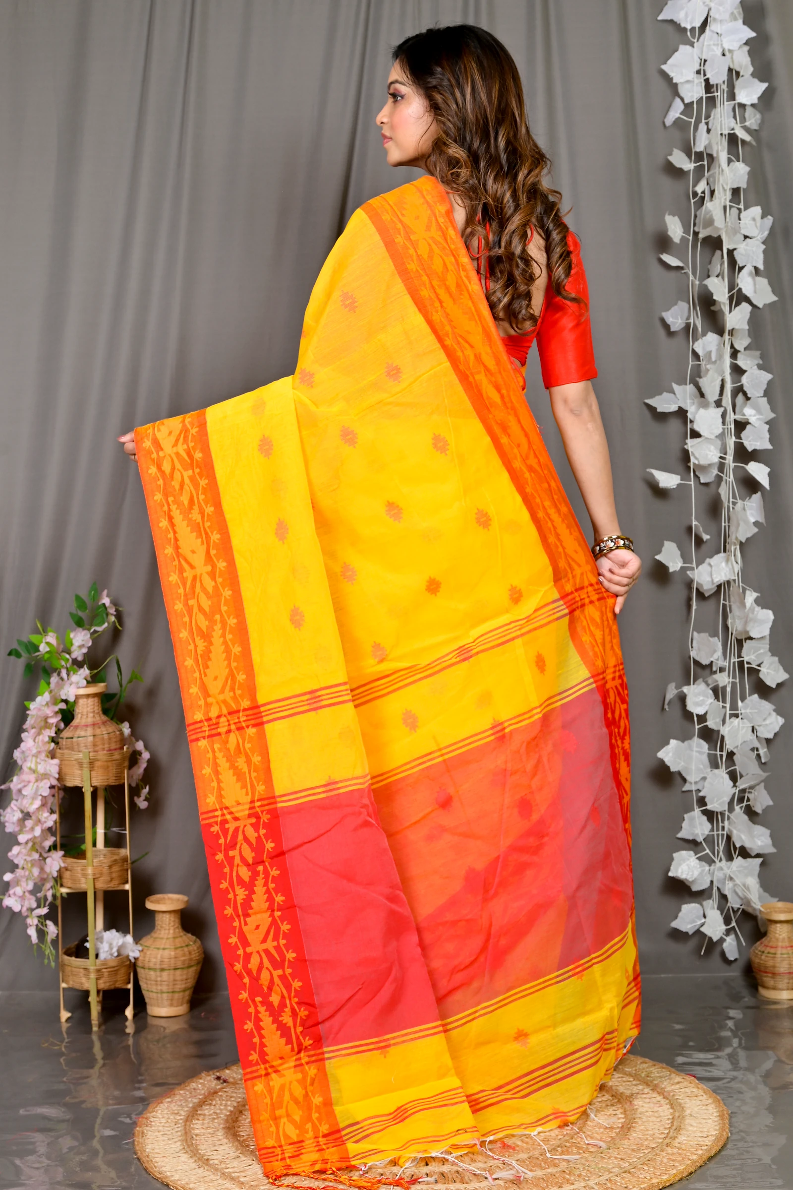 Yellow Red Cotton Blended Parul Hand Loom Saree (550)