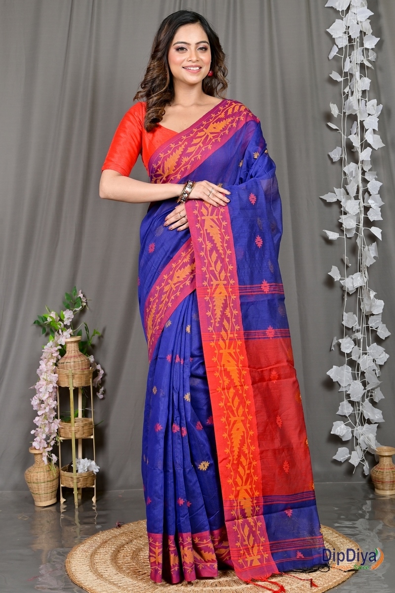 Naby Blue Red Cotton Blended Parul Hand Loom Saree (551)