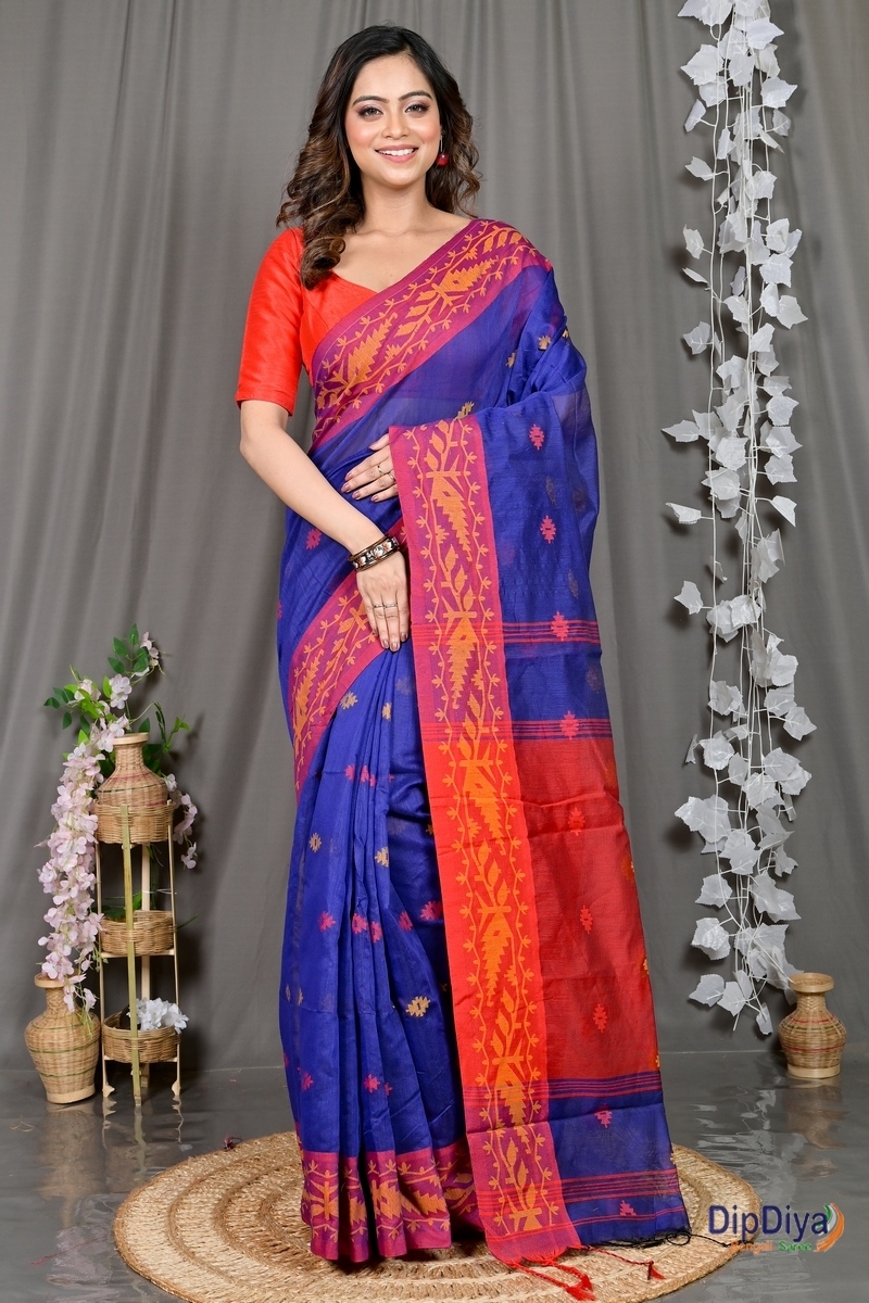 Naby Blue Red Cotton Blended Parul Hand Loom Saree (551)
