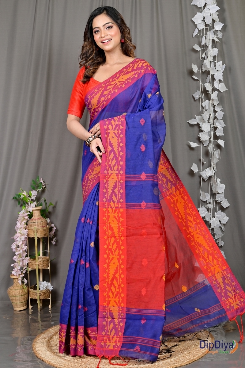 Naby Blue Red Cotton Blended Parul Hand Loom Saree (551)
