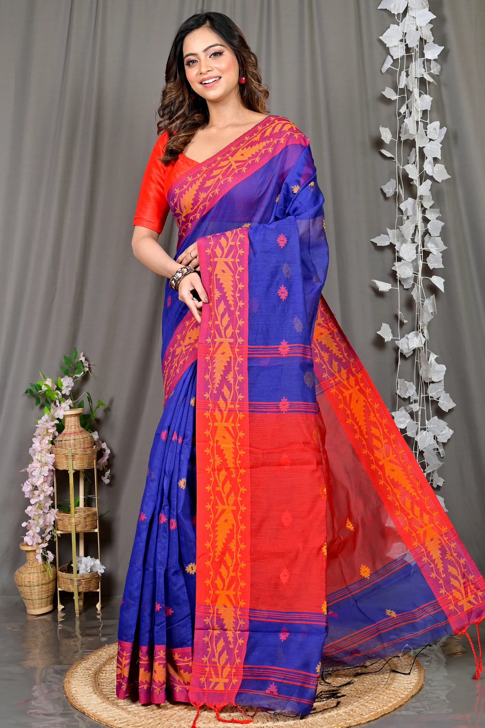 Naby Blue Red Cotton Blended Parul Hand Loom Saree (551)