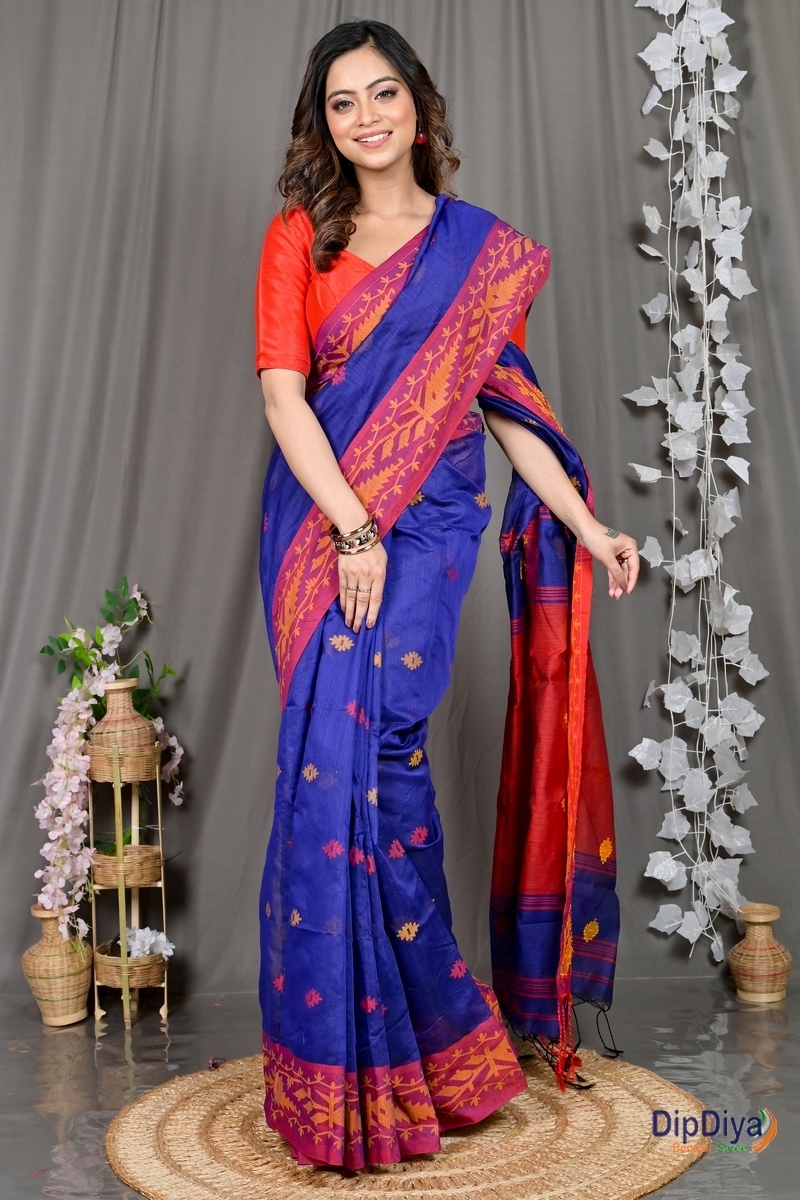 Naby Blue Red Cotton Blended Parul Hand Loom Saree (551)
