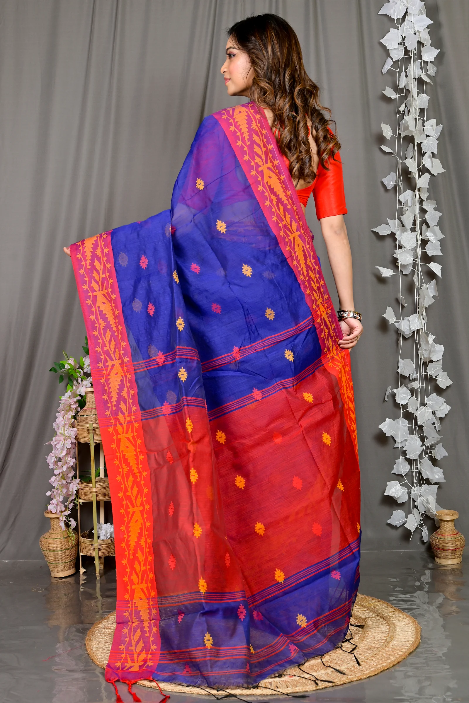 Naby Blue Red Cotton Blended Parul Hand Loom Saree (551)