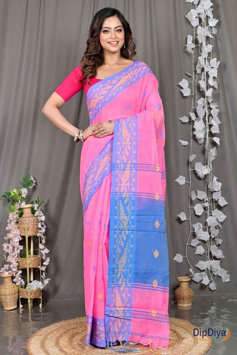 Pink Blue Cotton Blended Parul Hand Loom Saree (552)