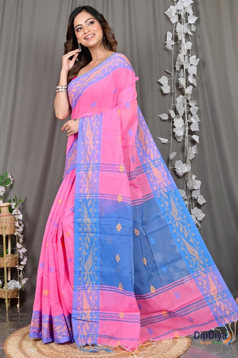 Pink Blue Cotton Blended Parul Hand Loom Saree (552)