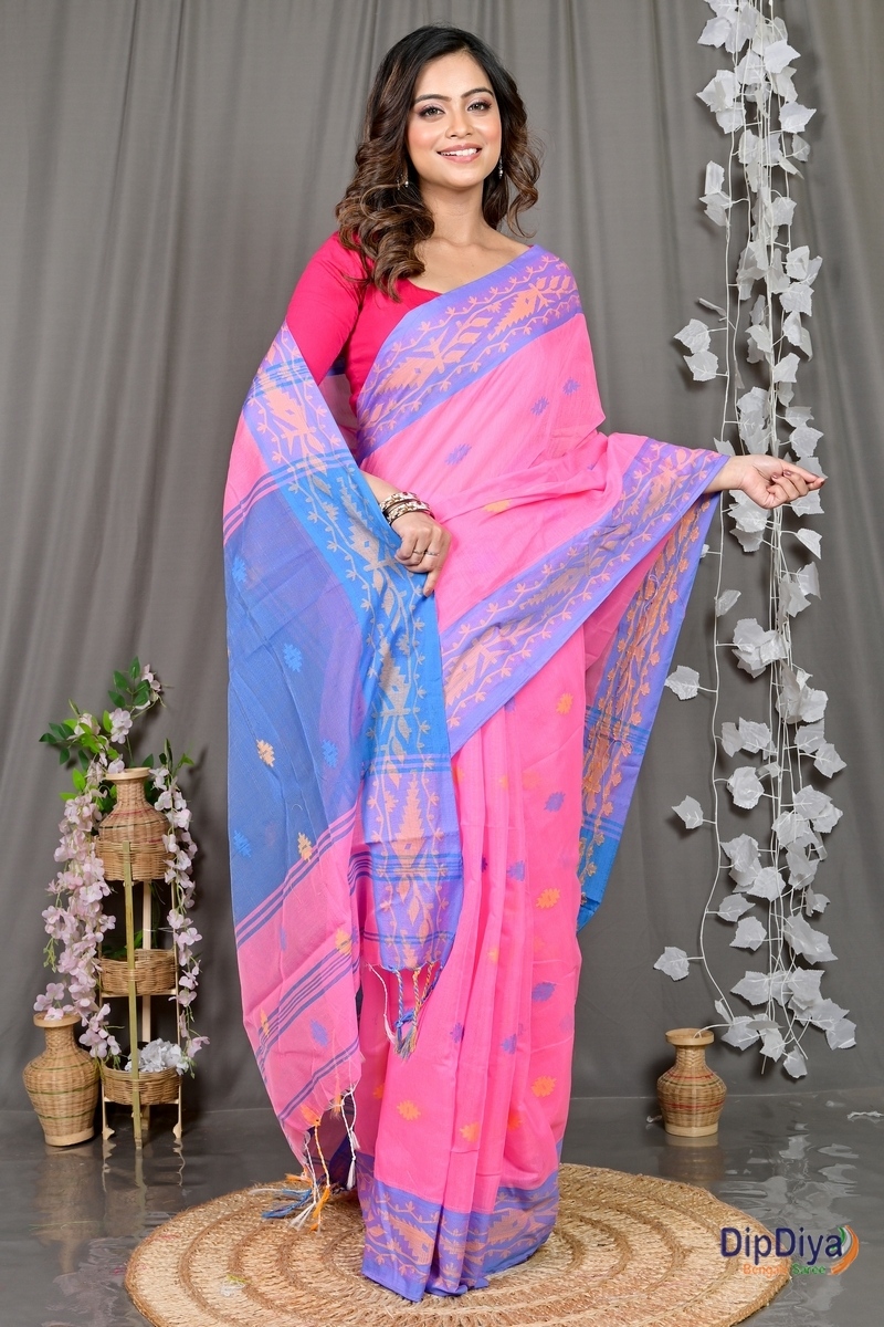 Pink Blue Cotton Blended Parul Hand Loom Saree (552)