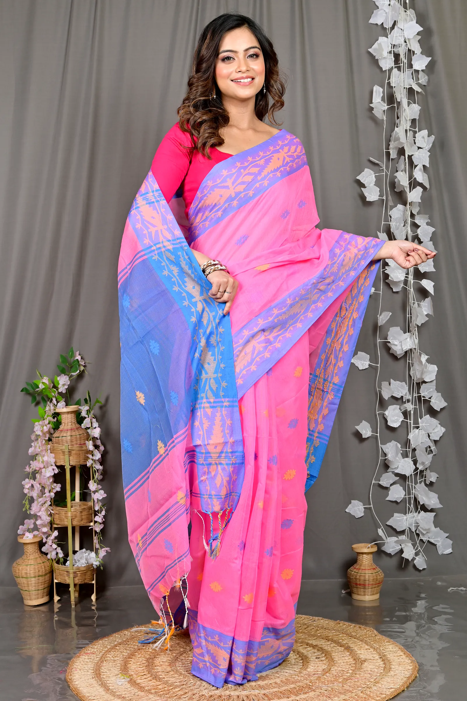 Pink Blue Cotton Blended Parul Hand Loom Saree (552)