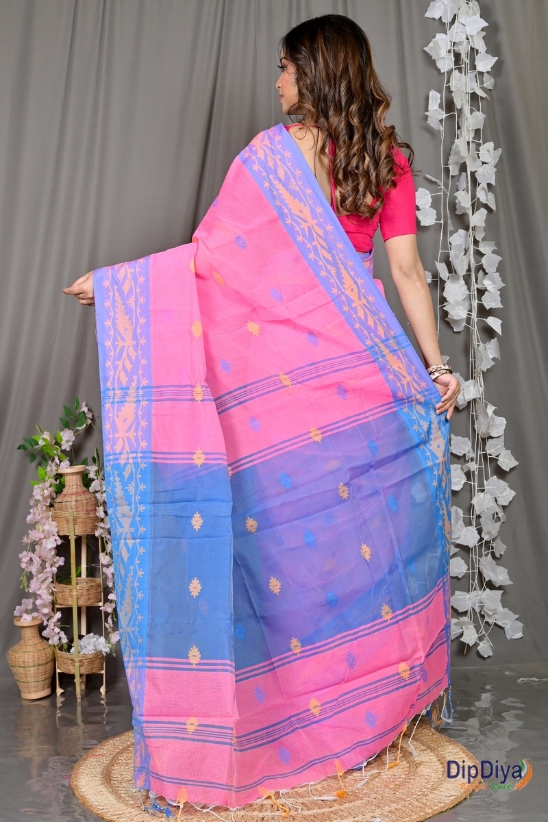 Pink Blue Cotton Blended Parul Hand Loom Saree (552)