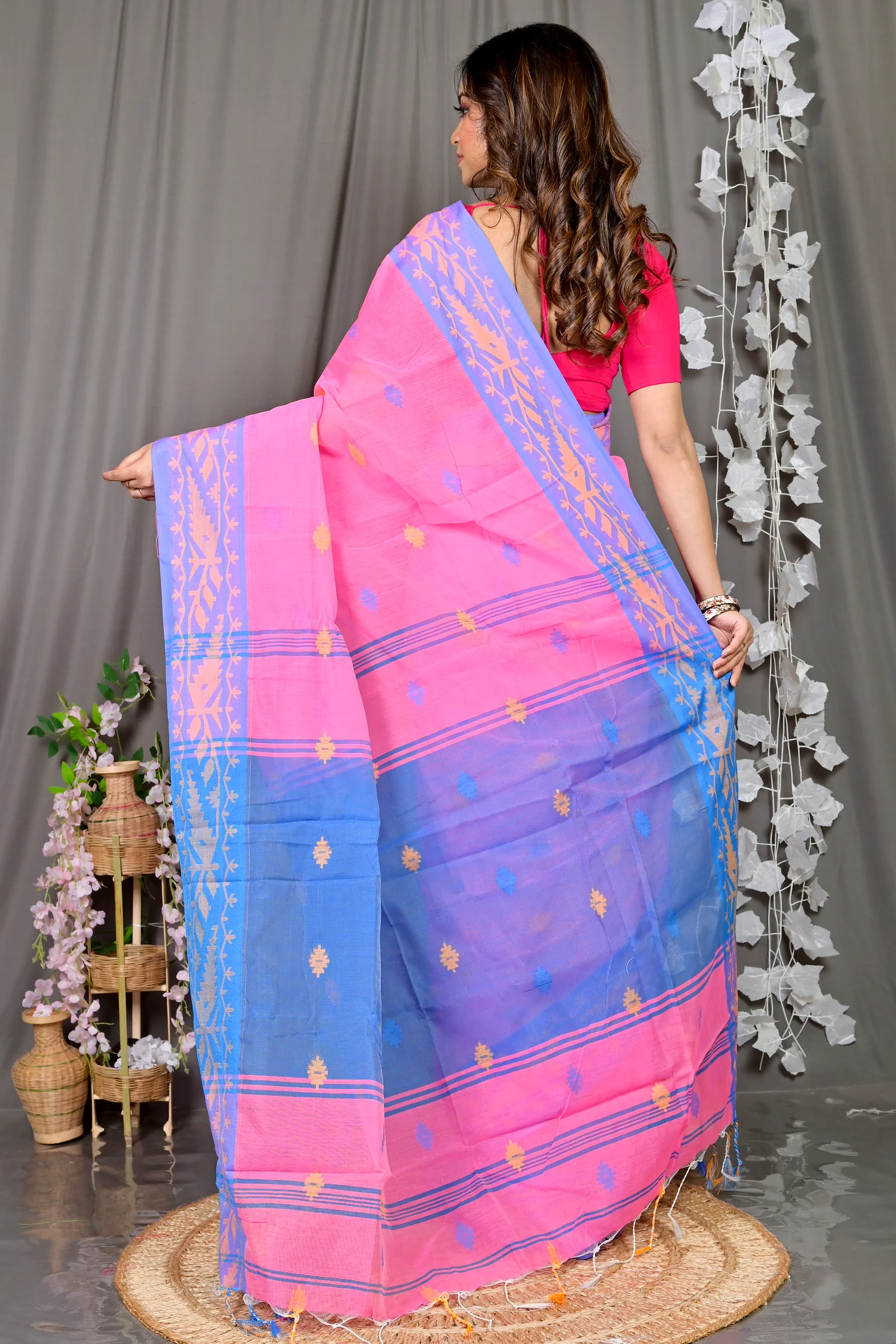Pink Blue Cotton Blended Parul Hand Loom Saree (552)