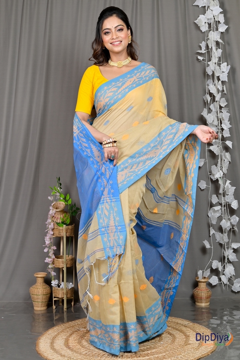 Brown Blue Cotton Blended Parul Hand Loom Saree (553)