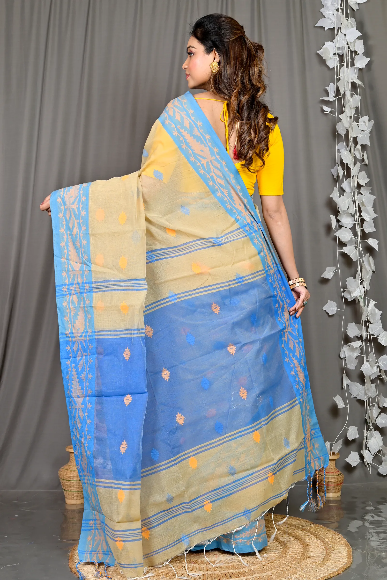 Brown Blue Cotton Blended Parul Hand Loom Saree (553)