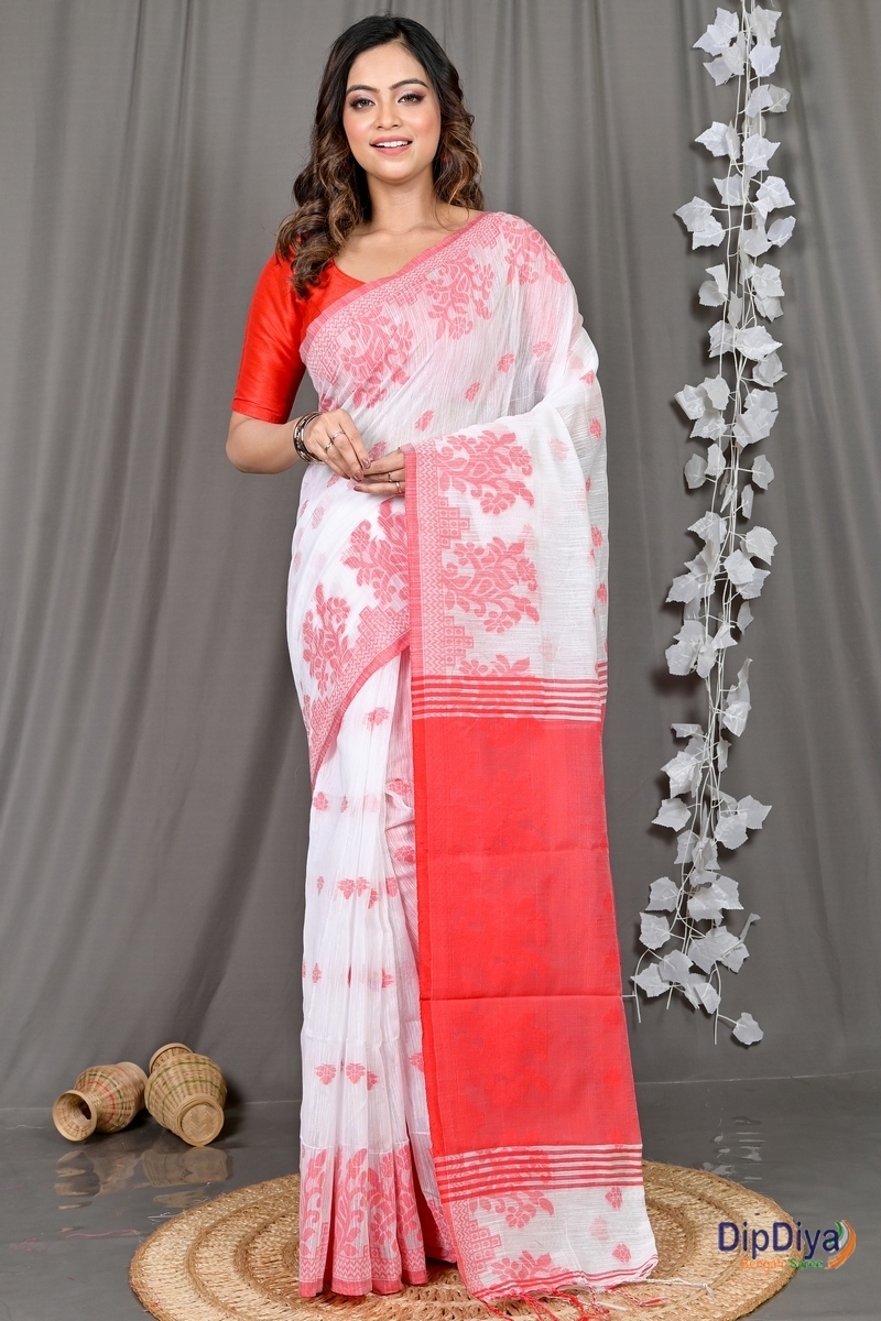 White Red Cotton Blended Parup Hand Loom Saree (554)