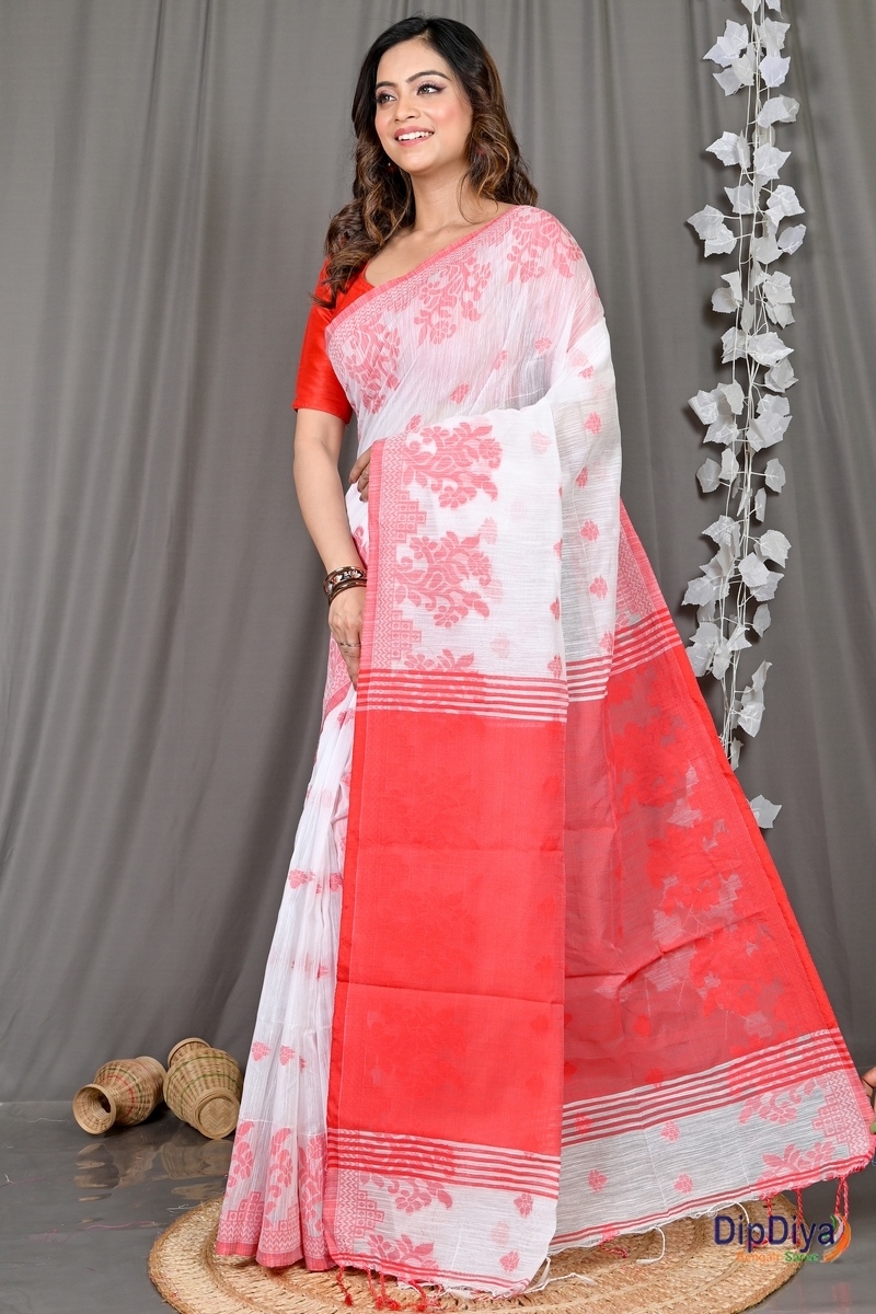White Red Cotton Blended Parup Hand Loom Saree (554)