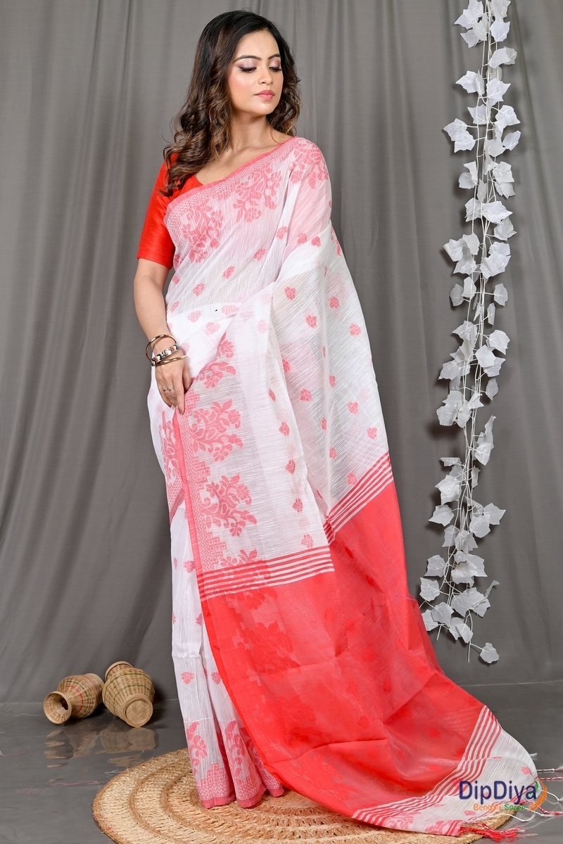 White Red Cotton Blended Parup Hand Loom Saree (554)