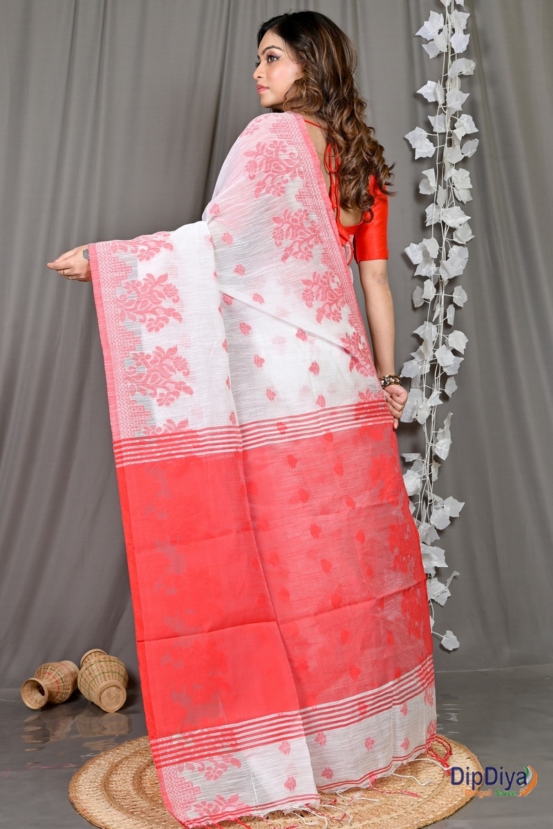 White Red Cotton Blended Parup Hand Loom Saree (554)