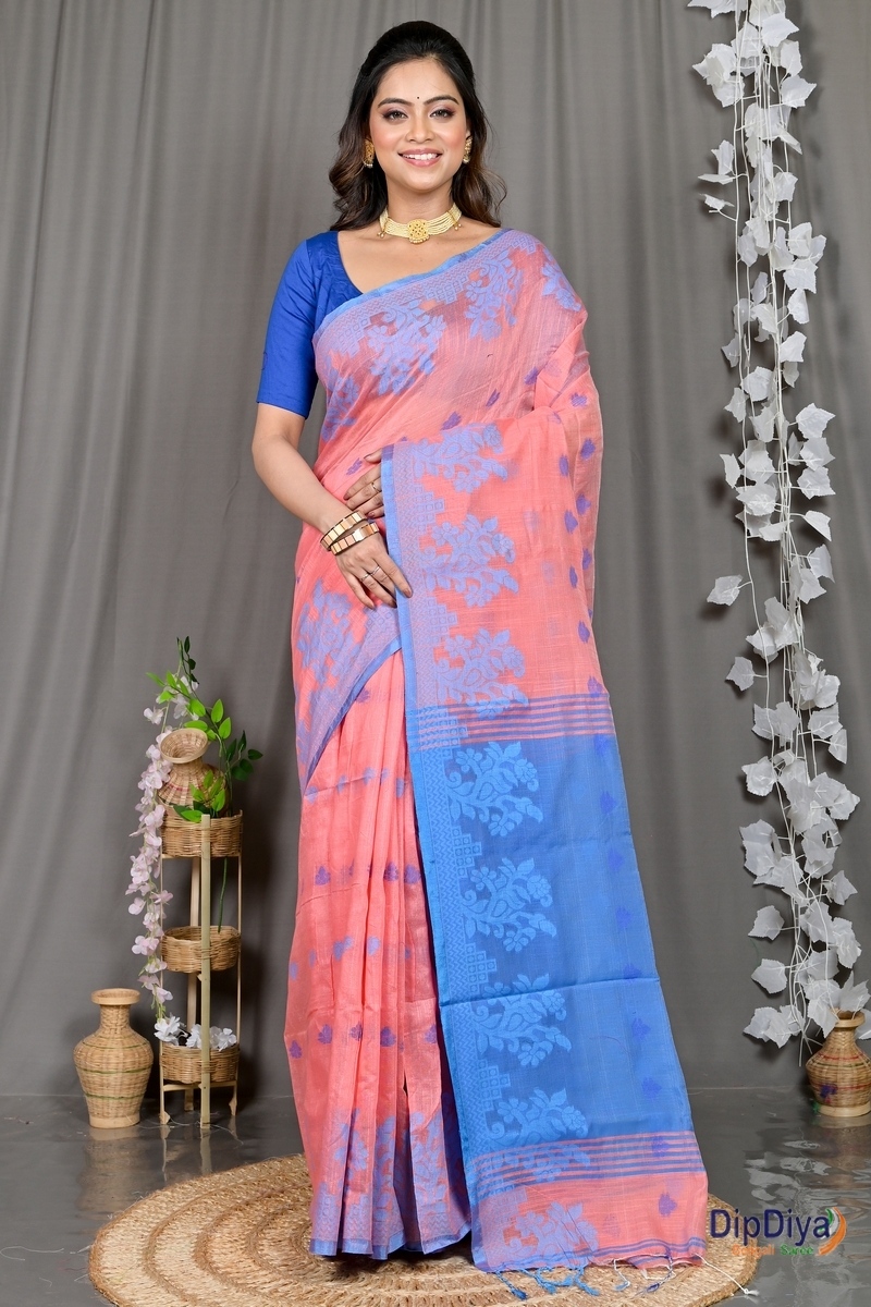 Peach Cotton Blended Parup Hand Loom Saree (555)