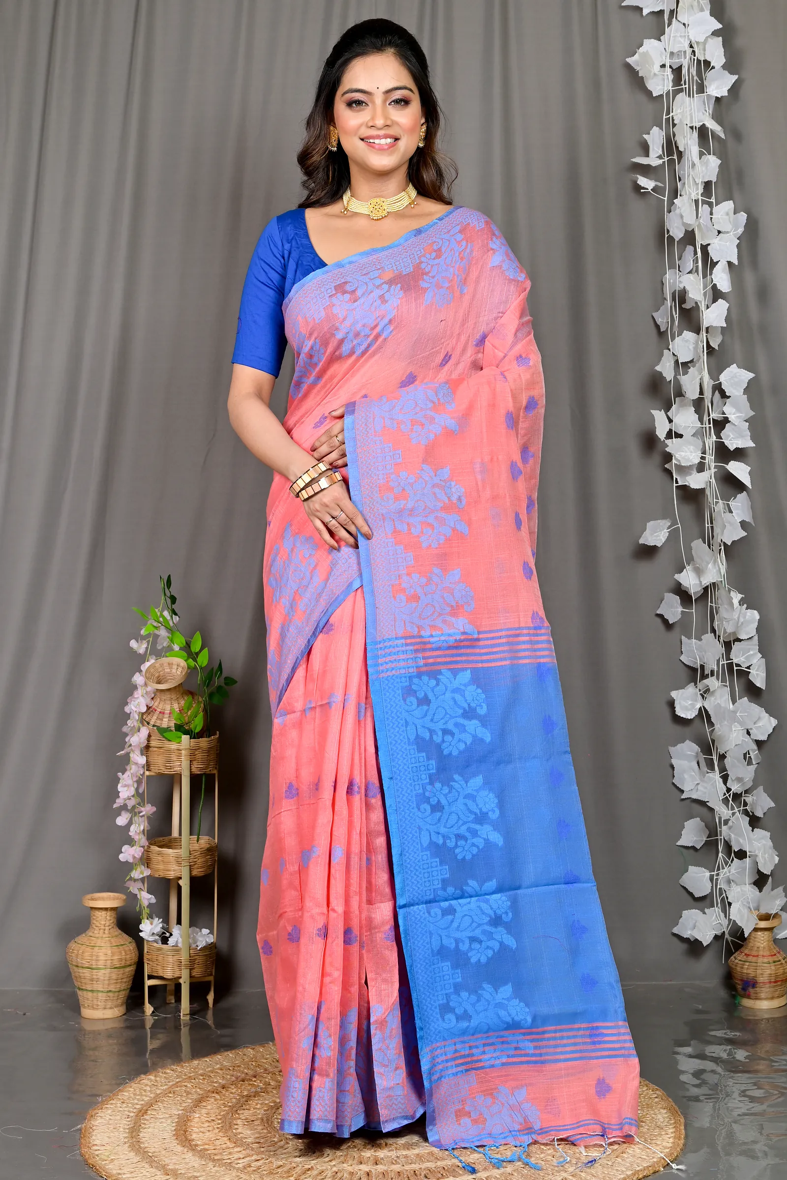 Peach Cotton Blended Parup Hand Loom Saree (555)