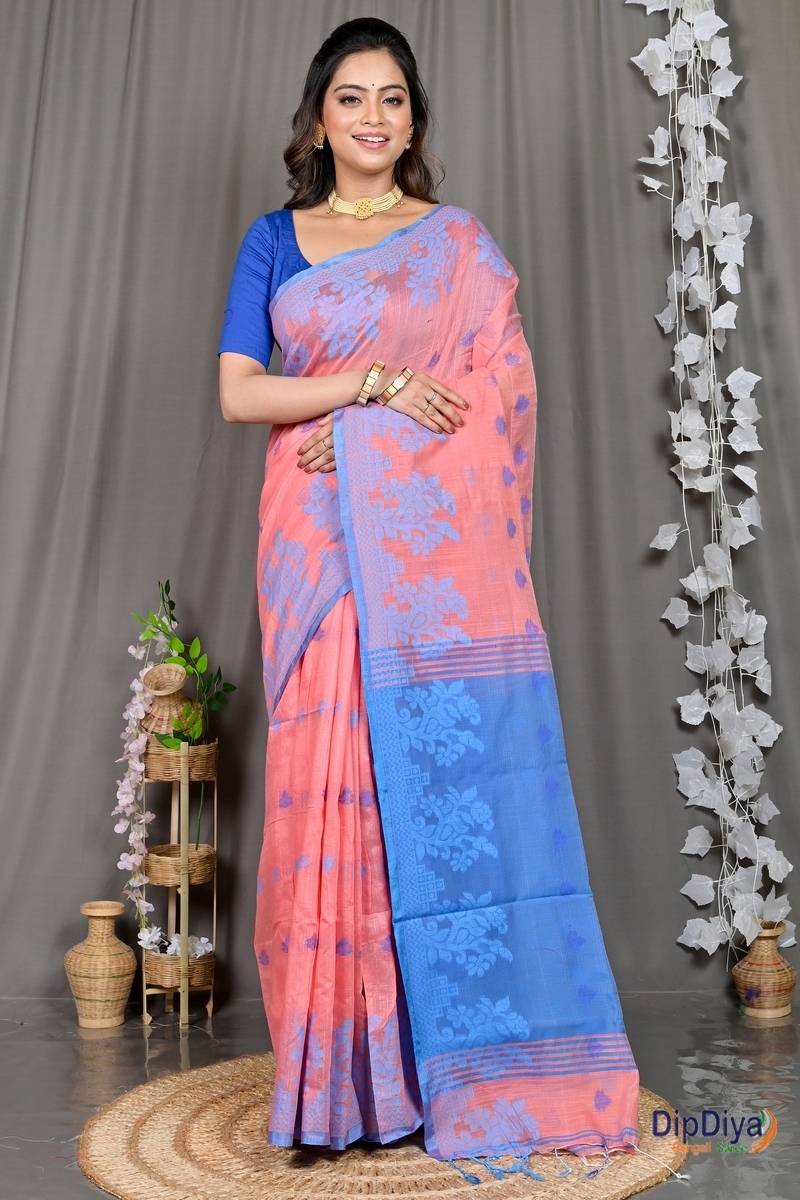 Peach Cotton Blended Parup Hand Loom Saree (555)