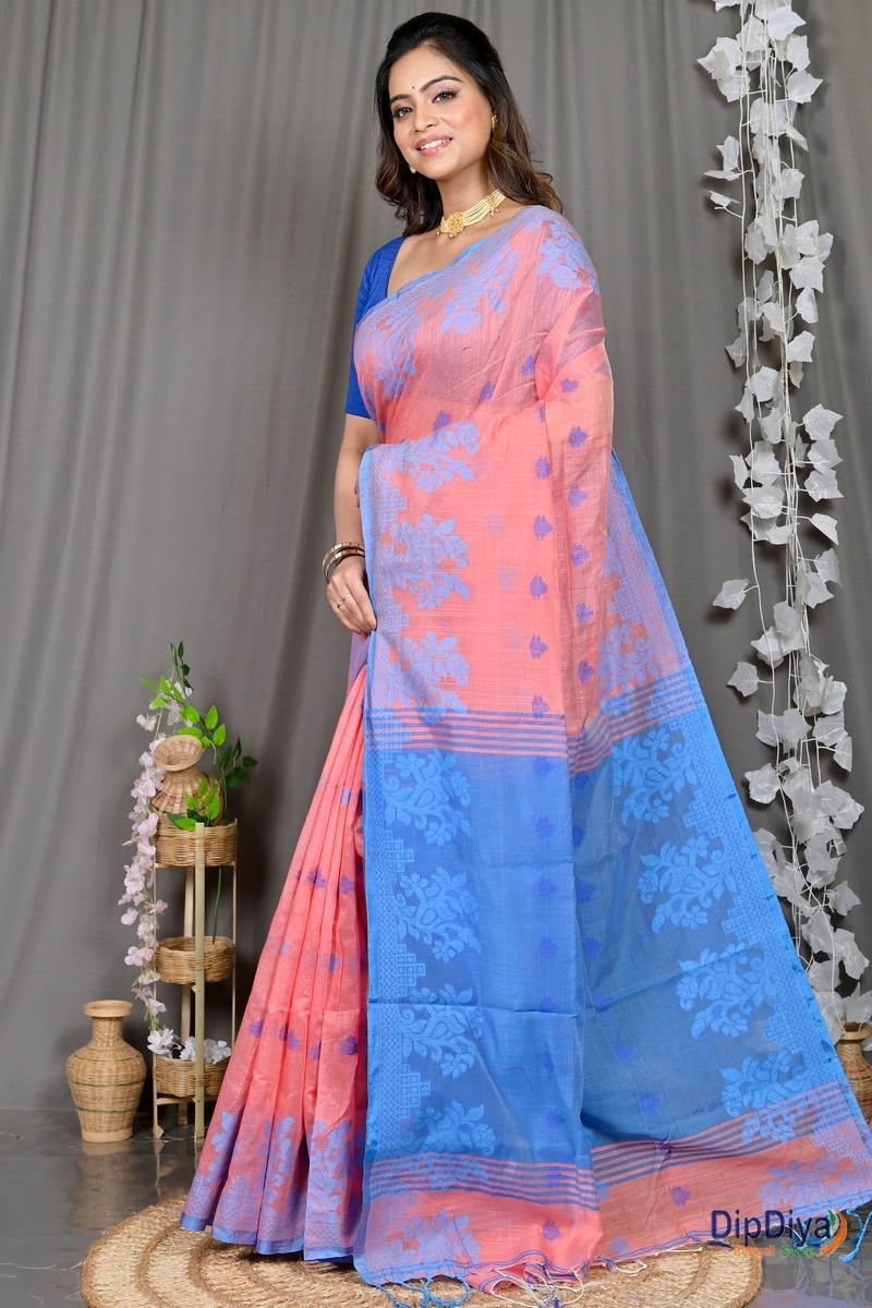 Peach Cotton Blended Parup Hand Loom Saree (555)