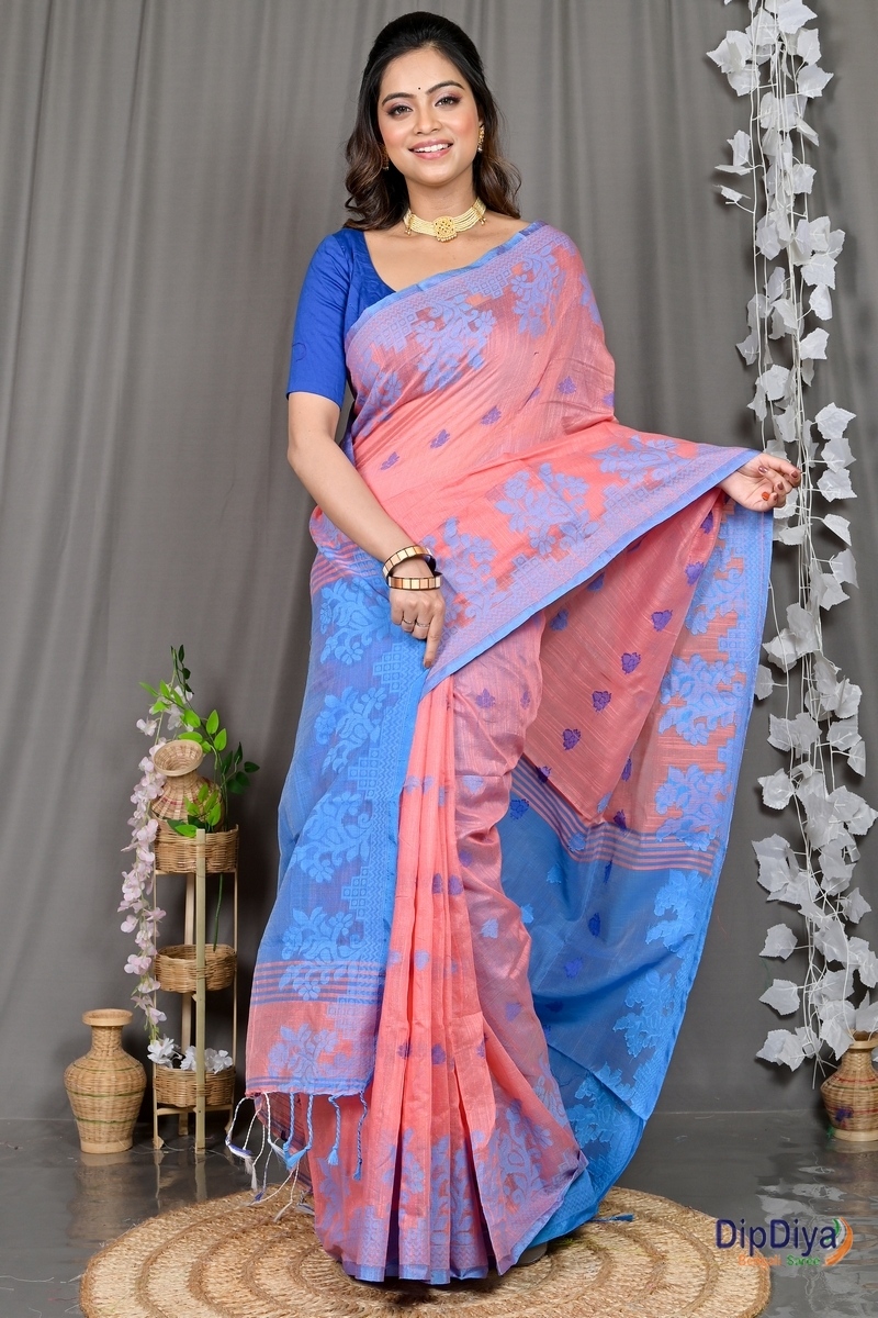 Peach Cotton Blended Parup Hand Loom Saree (555)