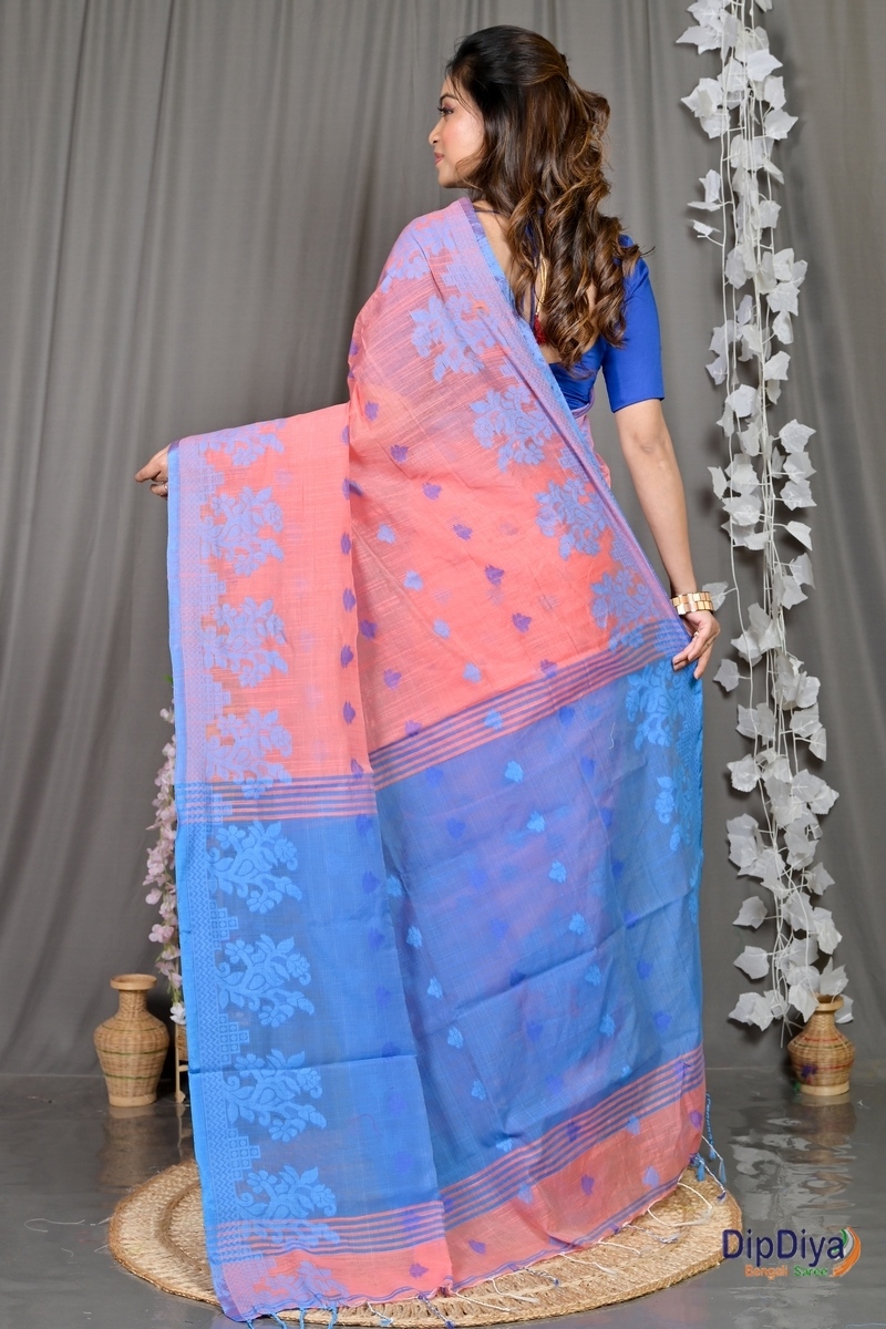 Peach Cotton Blended Parup Hand Loom Saree (555)