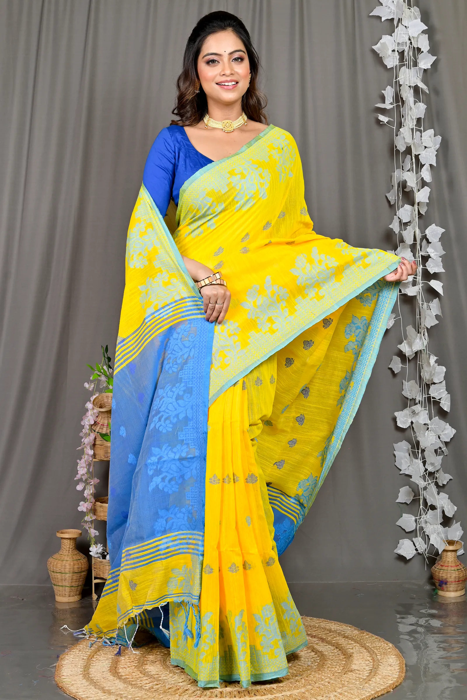 Yellow Blue Cotton Blended Parup Hand Loom Saree (556)