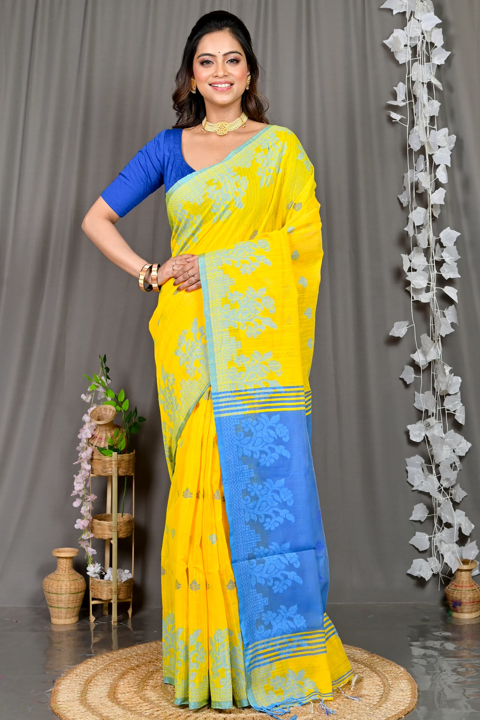 Yellow Blue Cotton Blended Parup Hand Loom Saree (556)