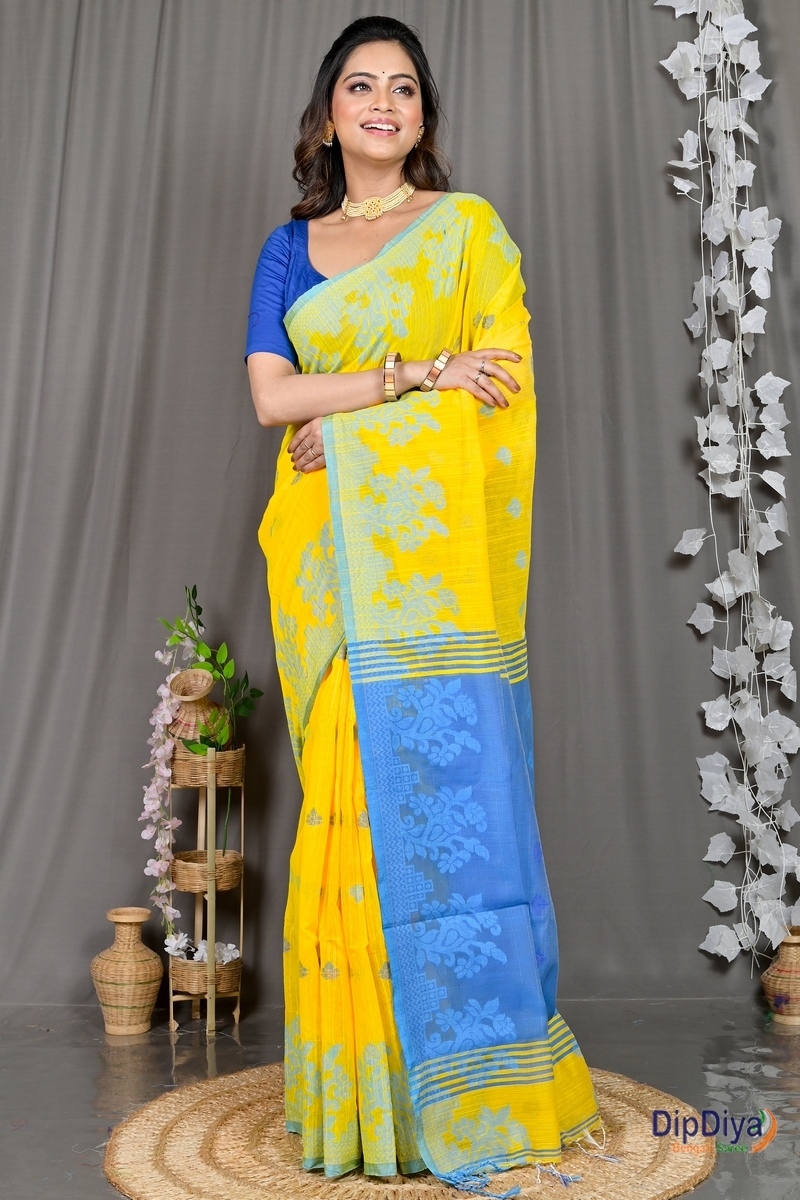 Yellow Blue Cotton Blended Parup Hand Loom Saree (556)