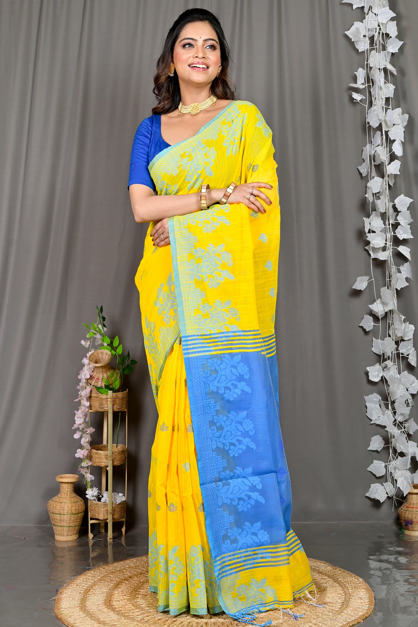 Yellow Blue Cotton Blended Parup Hand Loom Saree (556)