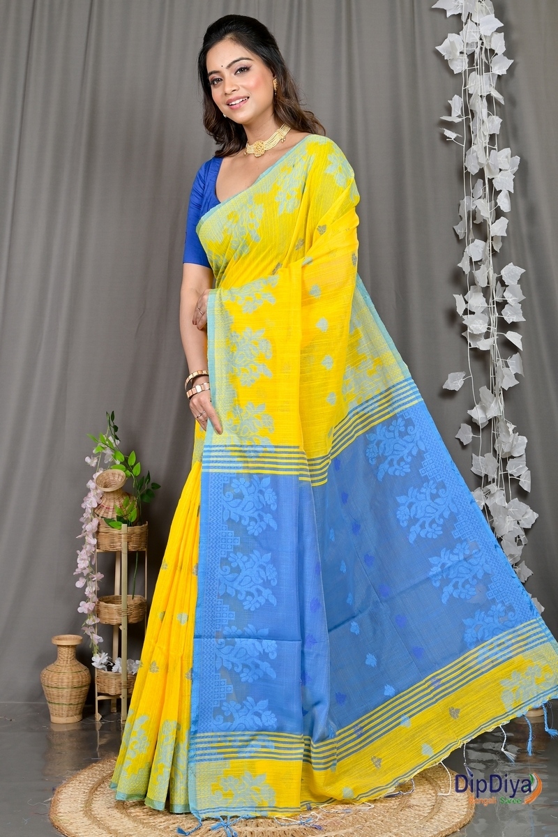 Yellow Blue Cotton Blended Parup Hand Loom Saree (556)