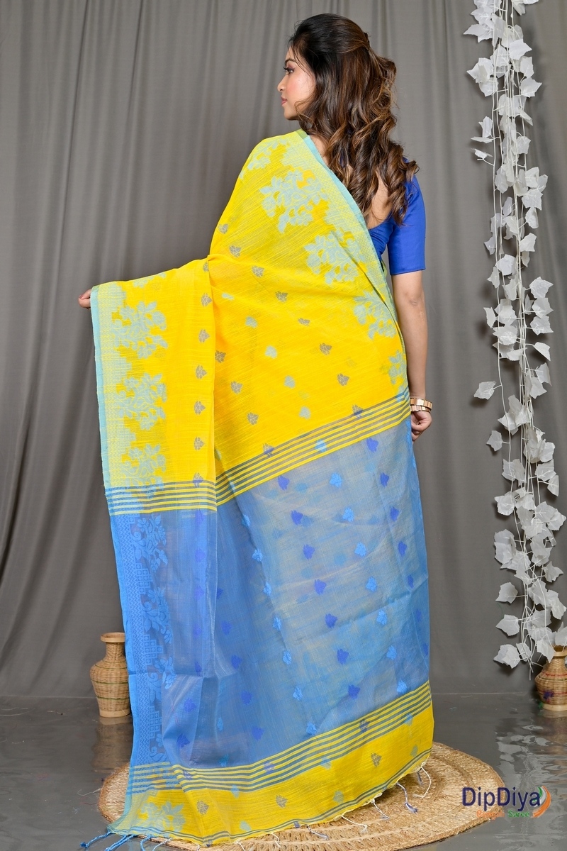 Yellow Blue Cotton Blended Parup Hand Loom Saree (556)