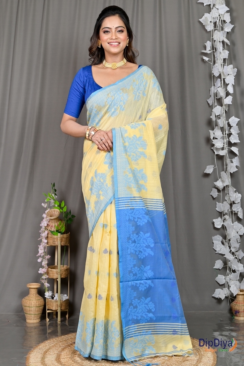 Yellow Blue Cotton Blended Parup Hand Loom Saree (557)
